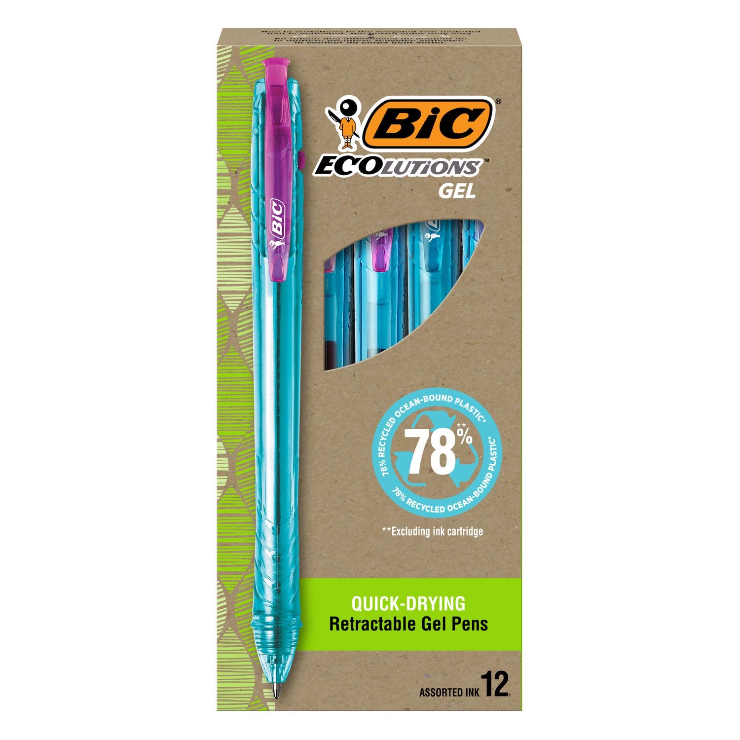 BIC Ecolutions Gel Pen, Retractable, Medium 1 mm, Assorted Ink, Blue Barrel, Dozen (BICBICRGLE11AST) 1 Dozen