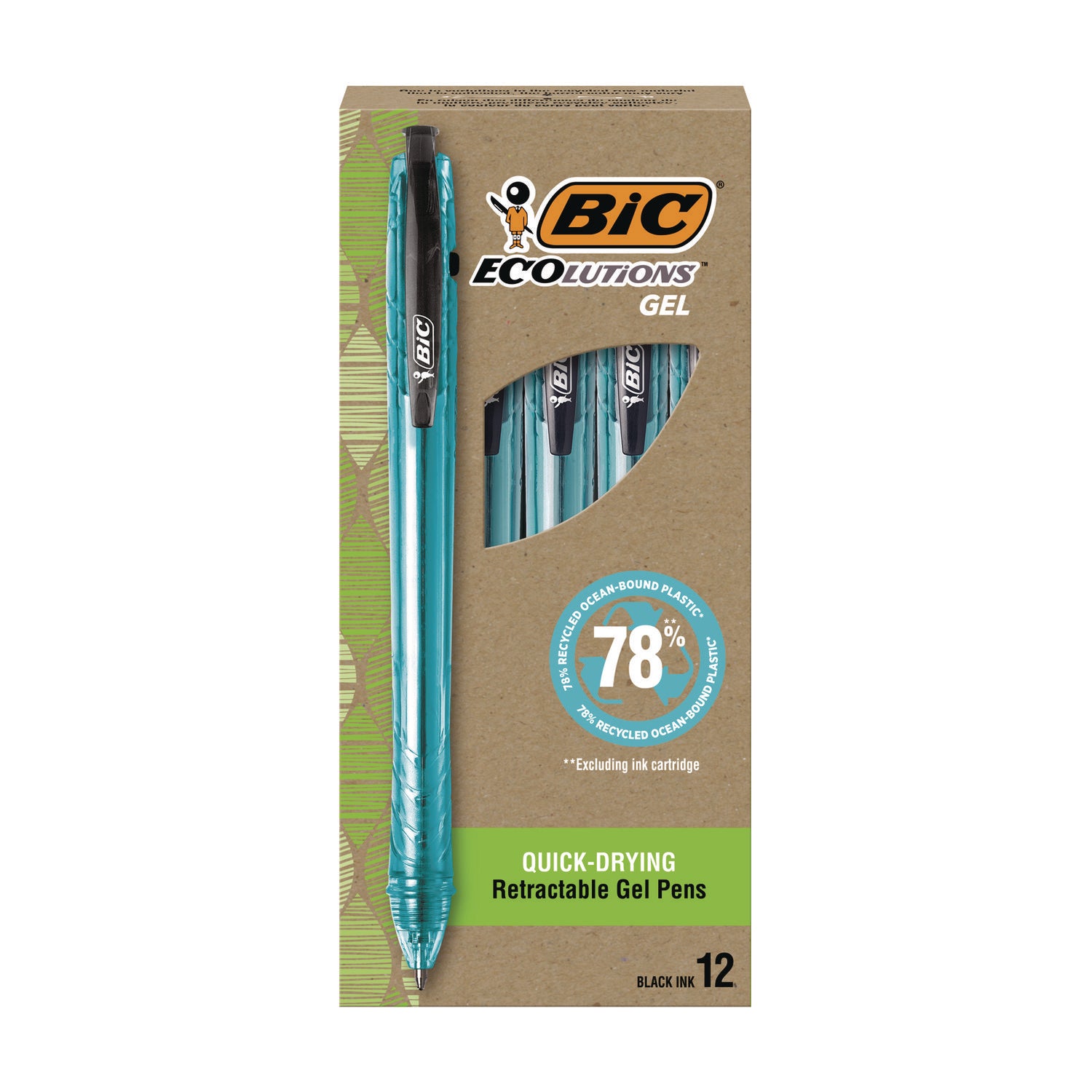 BIC Ecolutions Gel Pen, Retractable, Medium 1 mm, Black Ink, Blue Barrel, 12/Pack (BICRGLE11BLK) Pack of 12