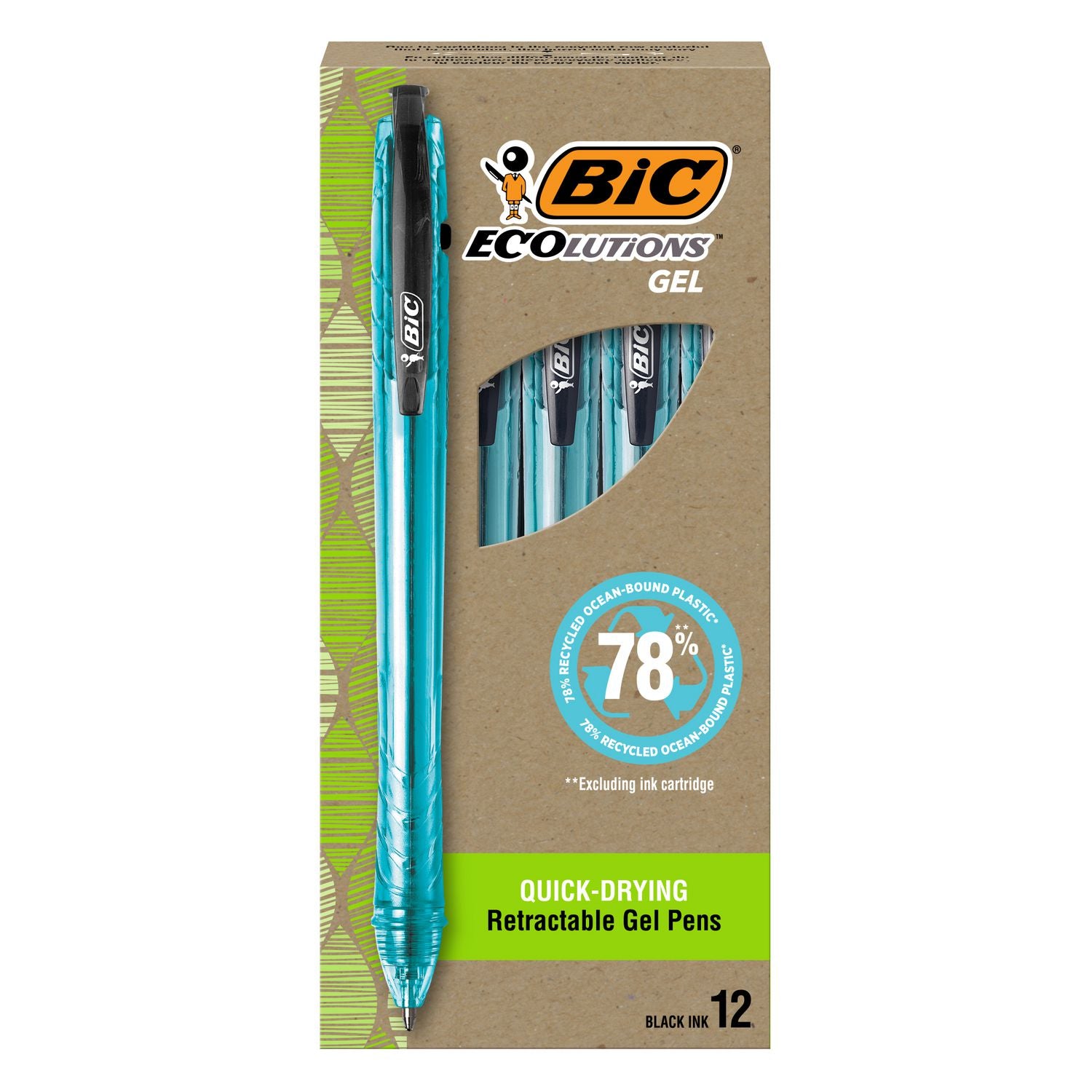 BIC Ecolutions Gel Pen, Retractable, Medium 1 mm, Black Ink, Blue Barrel, Dozen (BICRGLE11BK) 1 Dozen