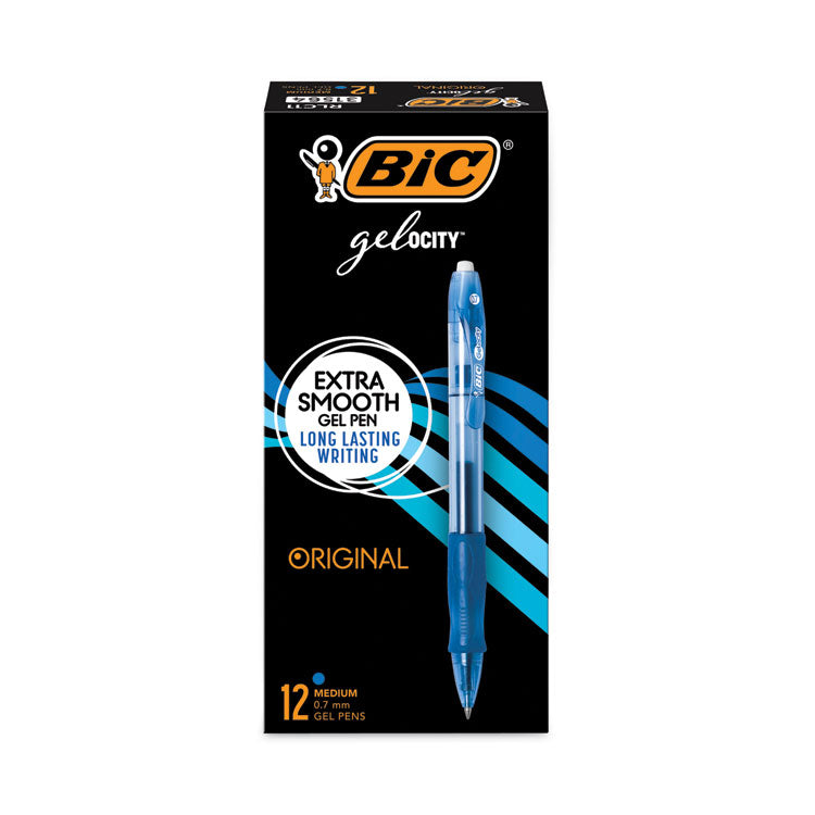 BIC Gel-ocity Gel Pen, Retractable, Medium 0.7 mm, Blue Ink, Translucent Blue Barrel, Dozen (BICRLC11BE) Box of 12