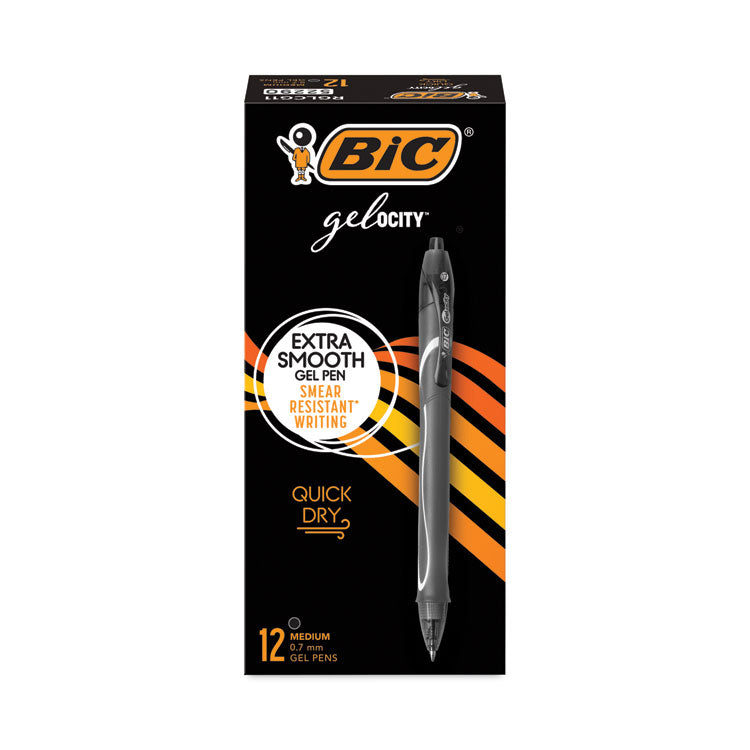 BIC Gel-ocity Quick Dry Gel Pen, Retractable, Medium 0.7 mm, Black Ink, Black Barrel, Dozen (BICRGLCG11BK) 1 Dozen