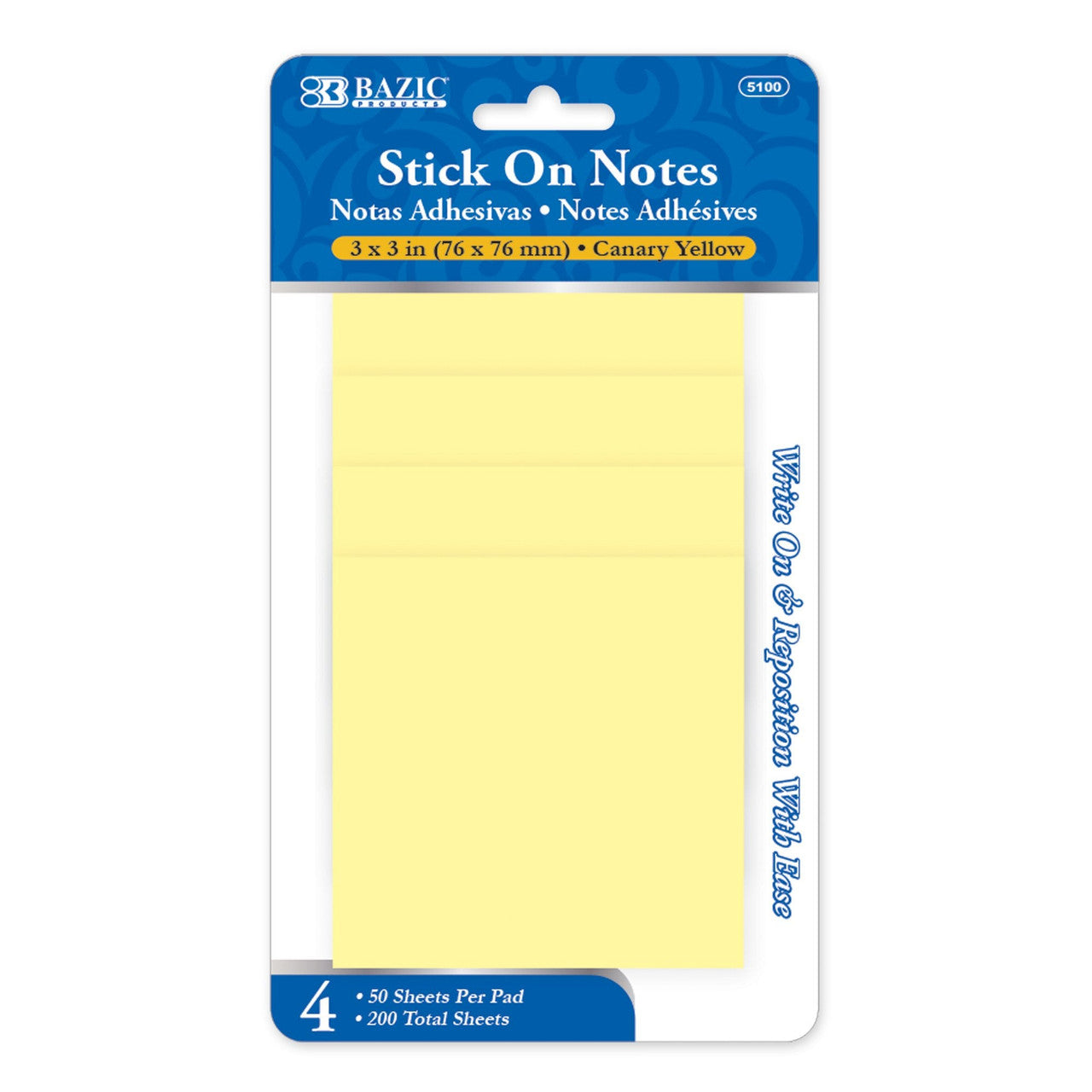 STICK ON NOTES 3" X 3" YELLOW 4/PK
