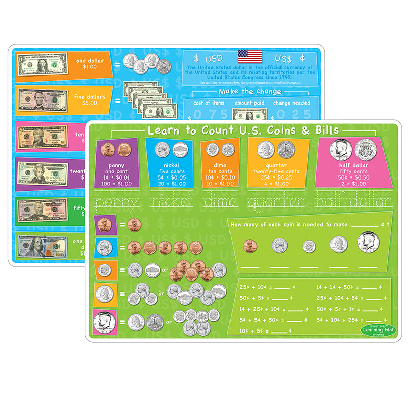 Ashley U.S. Coins & Bills Learning Mat, 2 Sided, Write On-Wipe Off, 12" x 17" (ASH 95027)