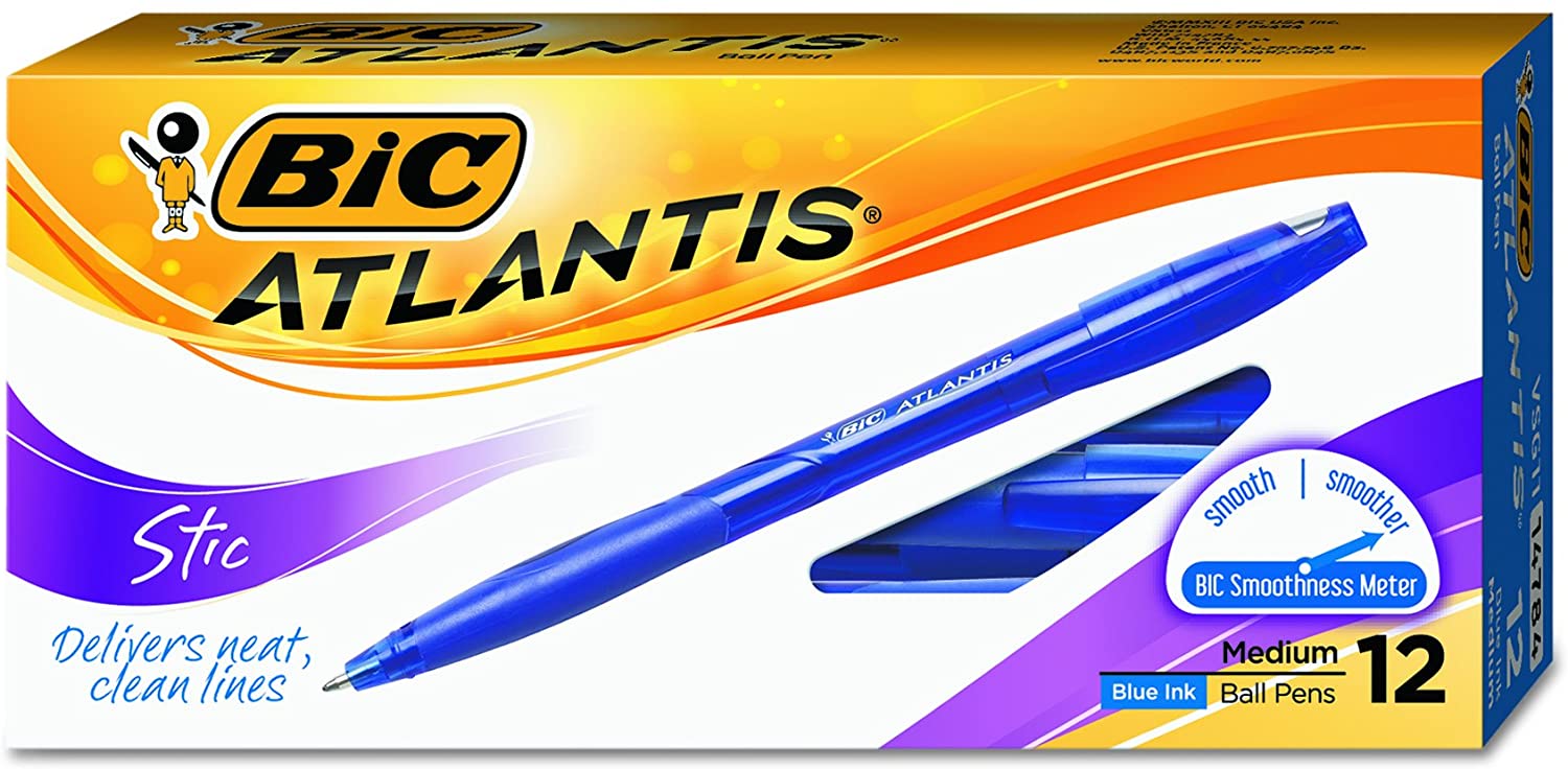 Bic Atlantis Stic Ballpoint Pens, Pack of 12, Blue, Medium Point (14784)