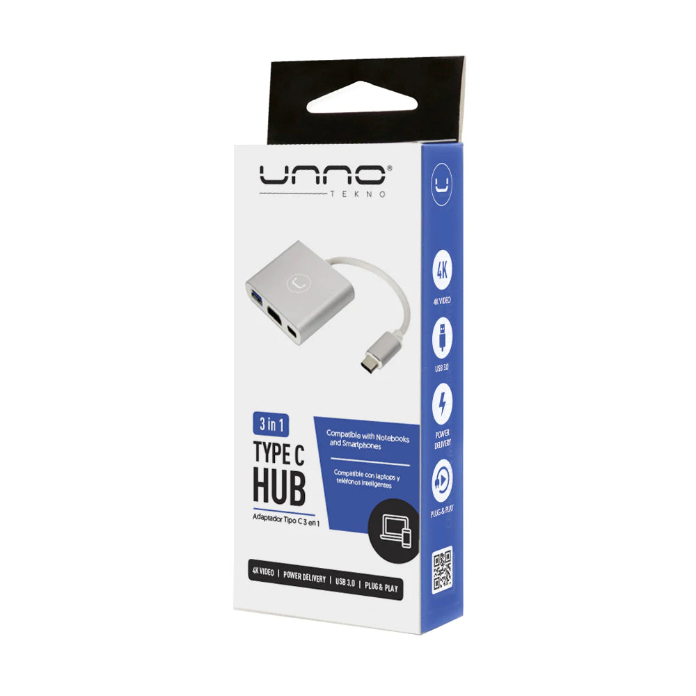 3 in 1 Type C Hub Adapter - 4K HDMI Port,1 USB 3.0 (5 Gbps) - PD port allows to pass through charging to power your device (up to 60W - 20V/3A).