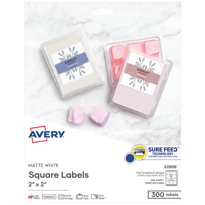 Avery 2" x 2" Square Labels with Sure Feed, 300 Labels, Permanent Adhesive, Matte White (22806)
