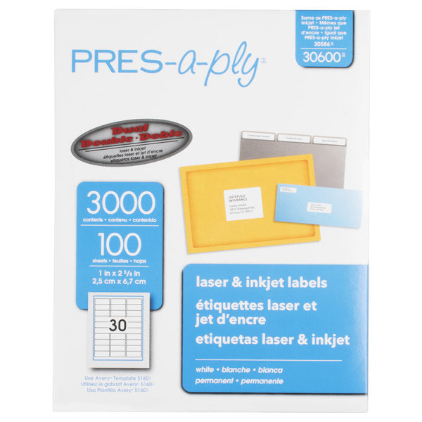 Avery 30600 - PRES-a-ply Address Labels, 1" x 2-5/8