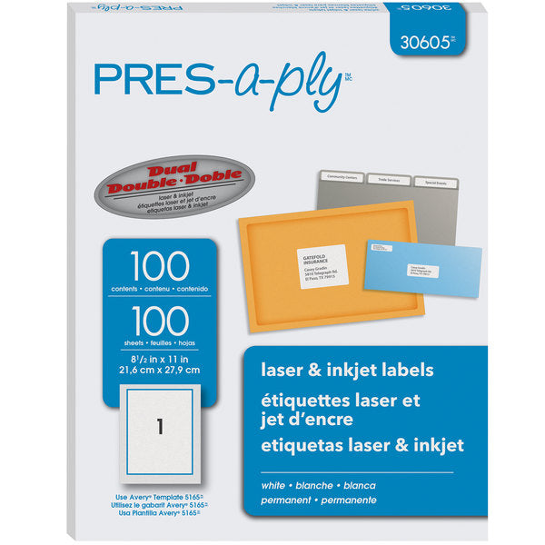 Avery 30605 8 1/2" x 11" White Full-Sheet Laser Labels - 100/Box