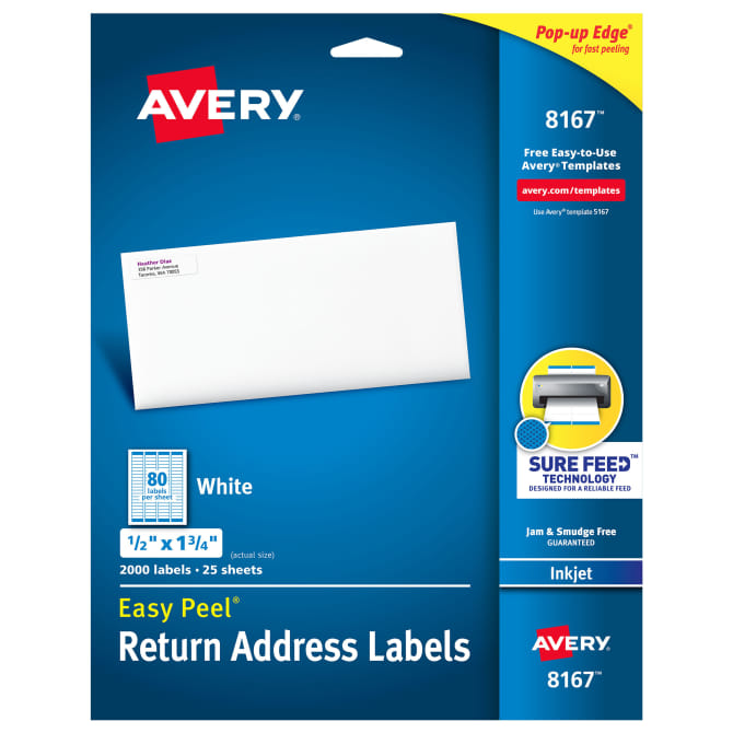 Avery Easy Peel Return Address Labels, Sure Feed Technology, Permanent Adhesive, 1/2" x 1-3/4", 2,000 Labels (8167)