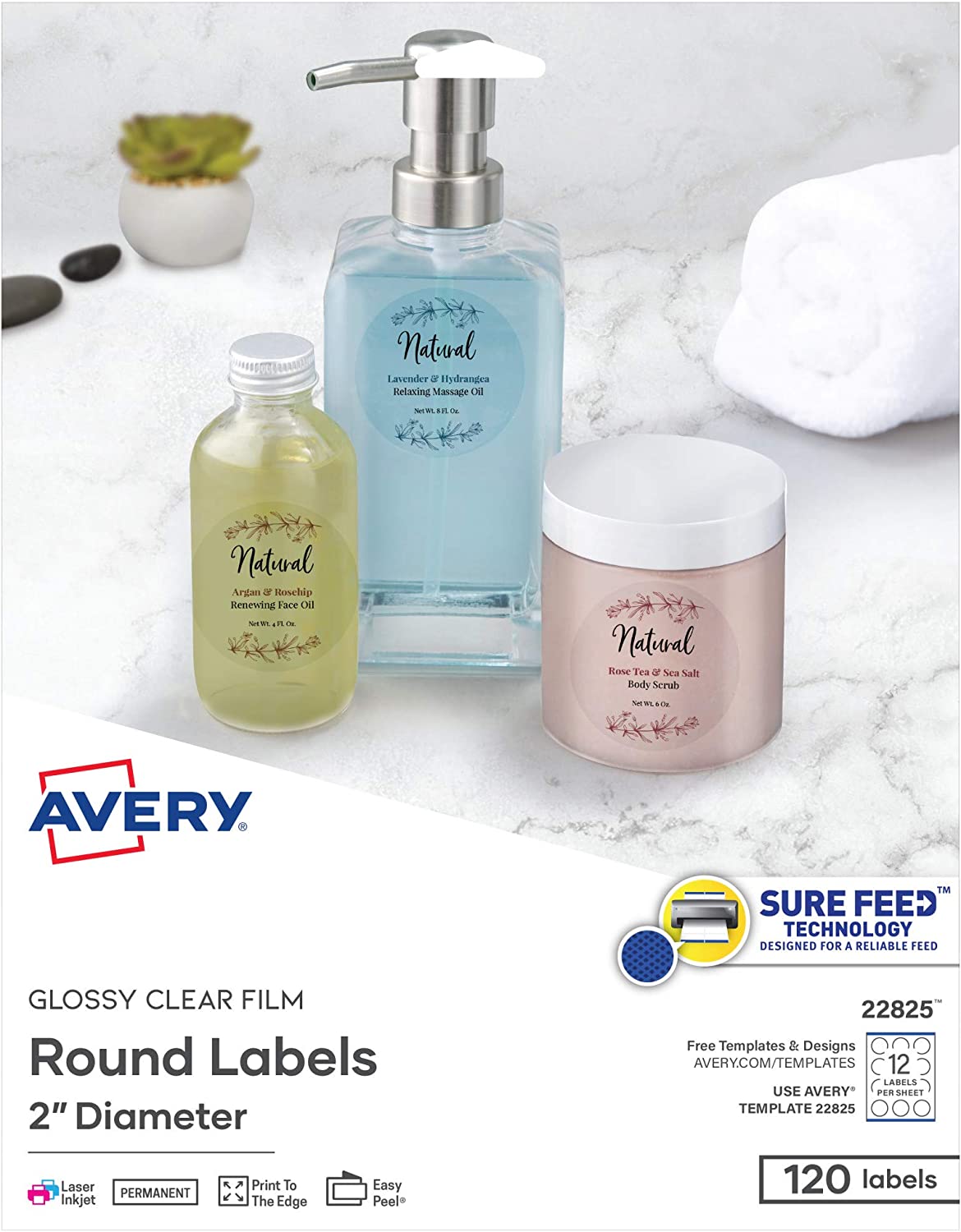 Avery Glossy Clear Round Labels with Sure Feed, 2" Diameter, 120 Labels, Permanent Adhesive (22825)