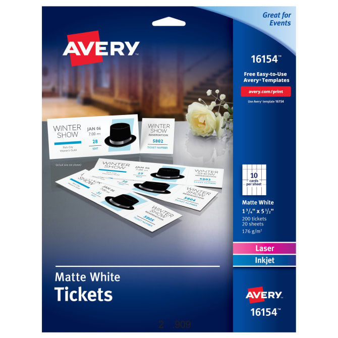 Avery Tickets with Tear-Away Stubs, Matte, Two-Sided Printing,1-3/4" x 5-1/2", 200 Tickets (16154)