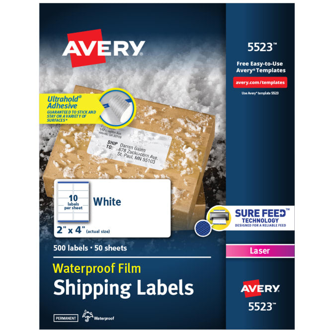 Avery Waterproof Labels with Ultrahold Permanent Adhesive, 2" x 4", Laser, 500 Labels (5523)