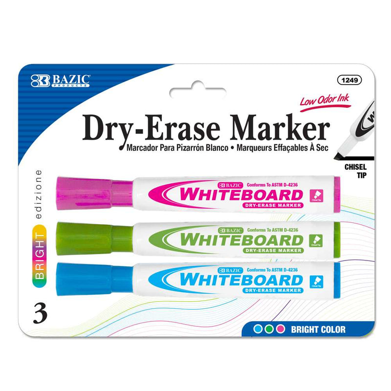 BAZIC Chisel Tip Bright Color Dry-Erase Markers (3/Pack)