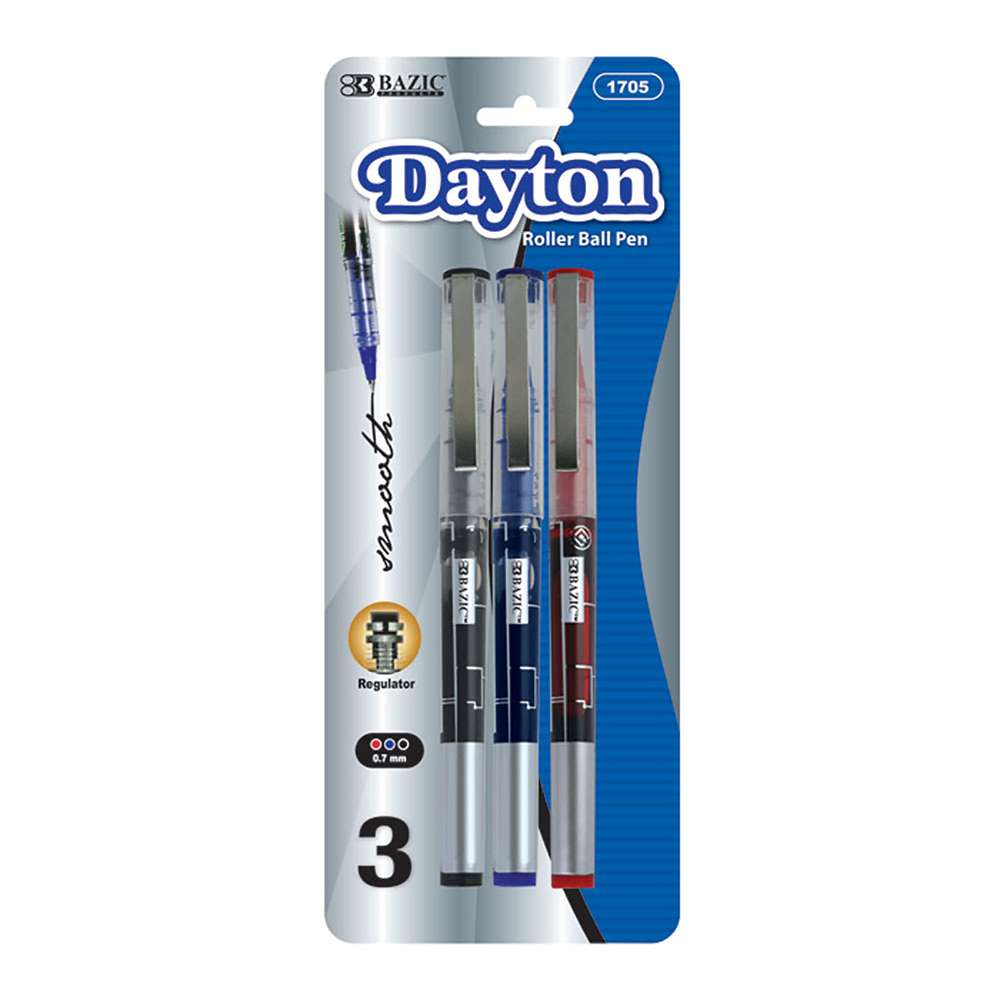 BAZIC Dayton Assorted Color Rollerball Pen w/ Metal Clip (3/Pk)