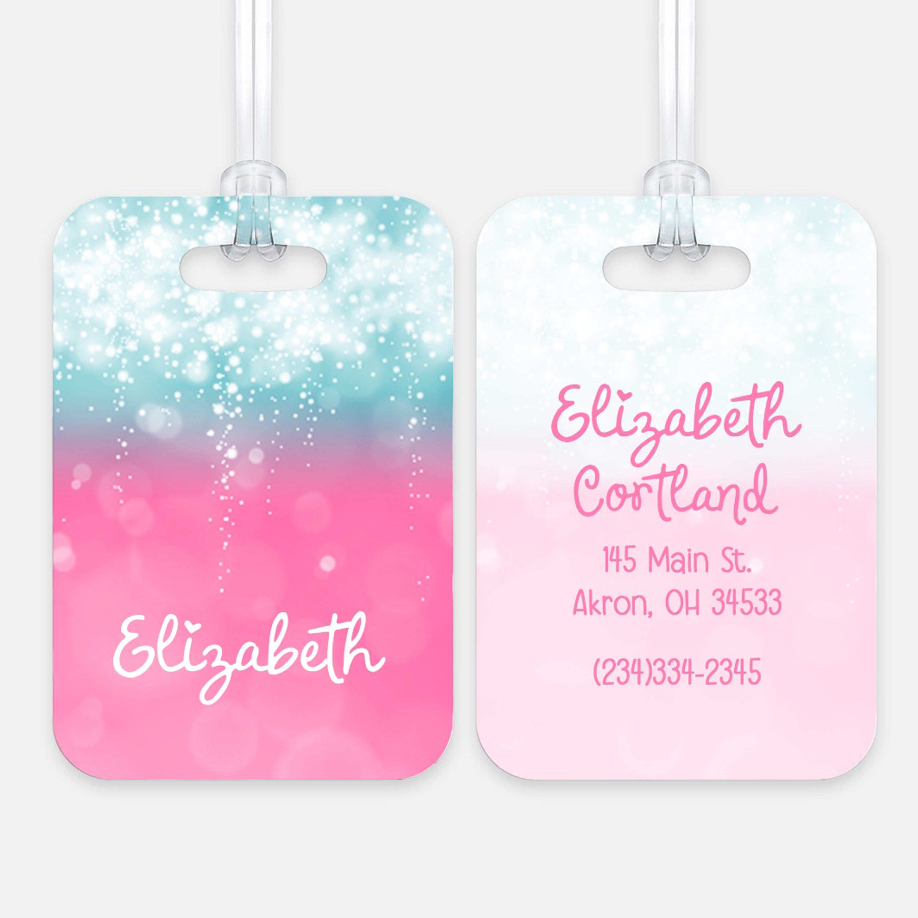 Blue & Pink Sparkles Luggage Bag Tag Personalized CustomAluminum Tag