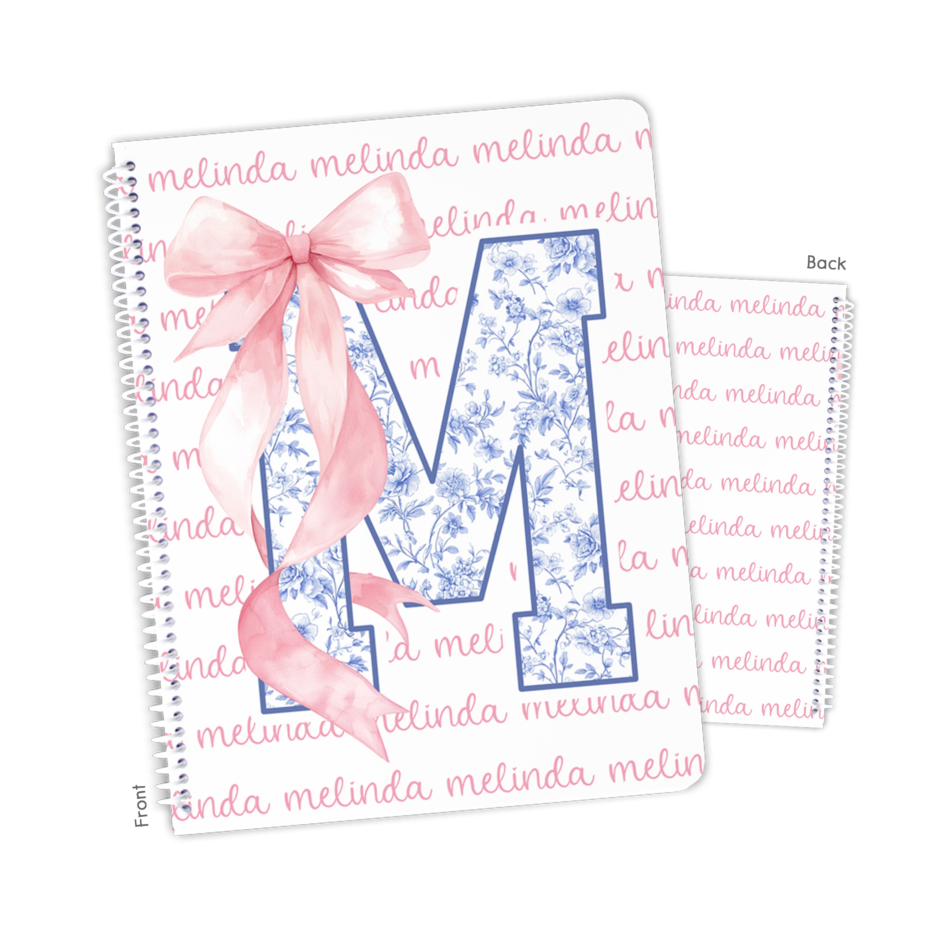Pink Blue Toile Coquette Bow Chinoiserie Flowers Personalized Custom Notebook or Sketchbook  School Office SuppliesNotebook (wide ruled, lined pages)