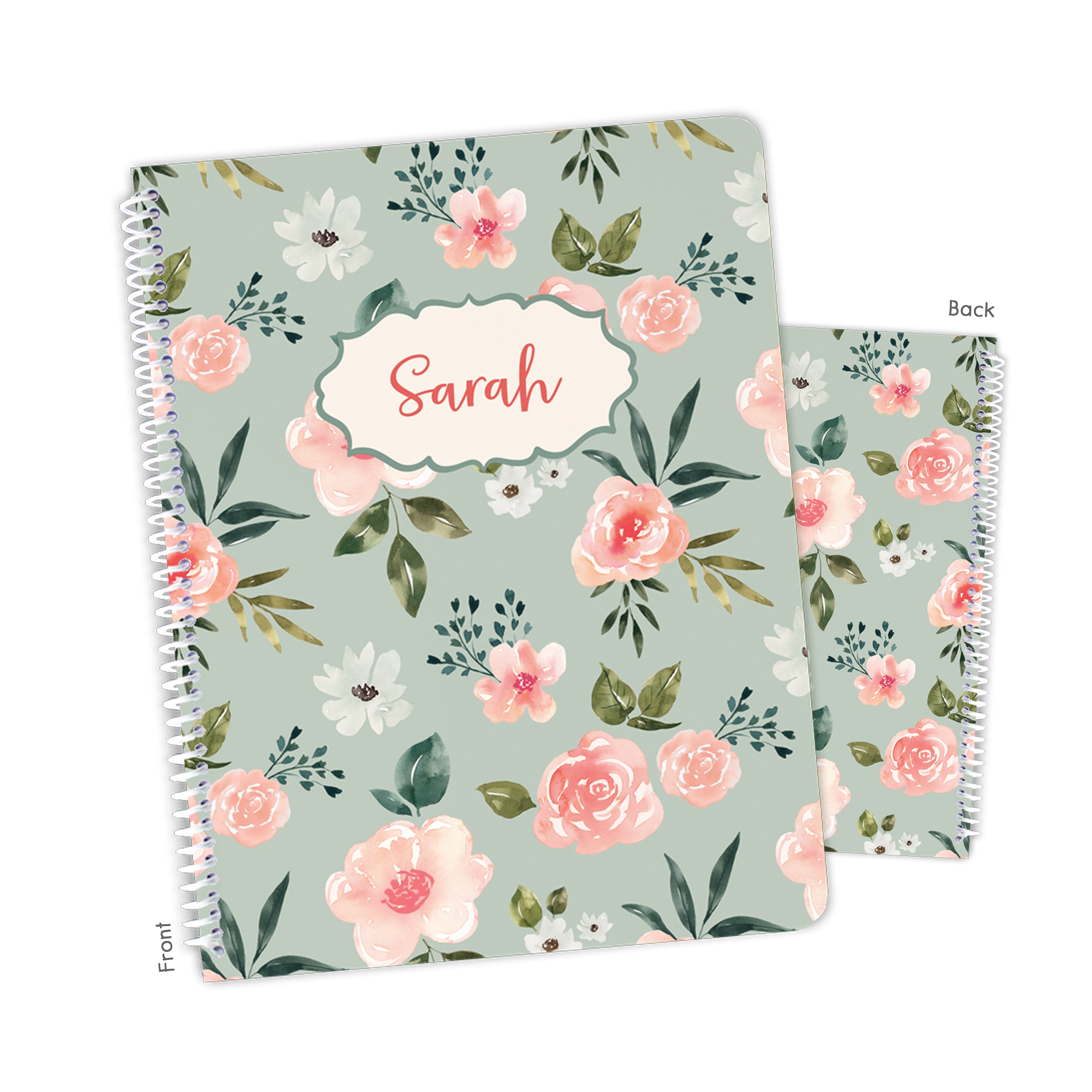 Pink Green Rose Flowers Personalized Custom Notebook or Sketchbook  School Office SuppliesNotebook (wide ruled, lined pages)
