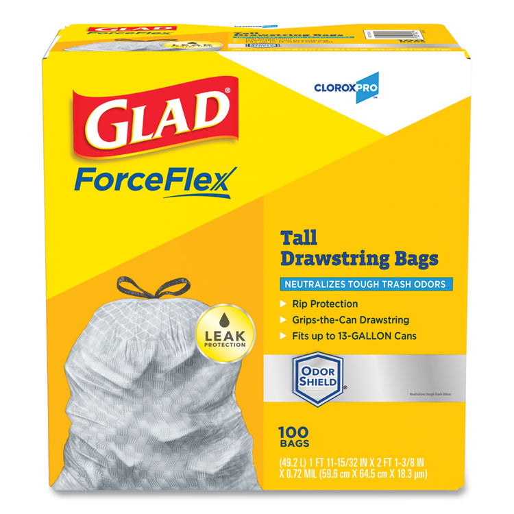 ForceFlexPlus Tall Kitchen Drawstring Trash Bags, 13 gal, 23.75  x 24.88 , Gray, 100/Box