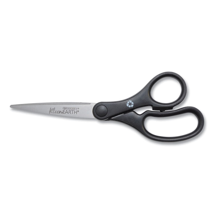 KleenEarth Basic Plastic Handle Scissors, Pointed Tip, 7" Long, 2.8" Cut Length, Black Straight Handle