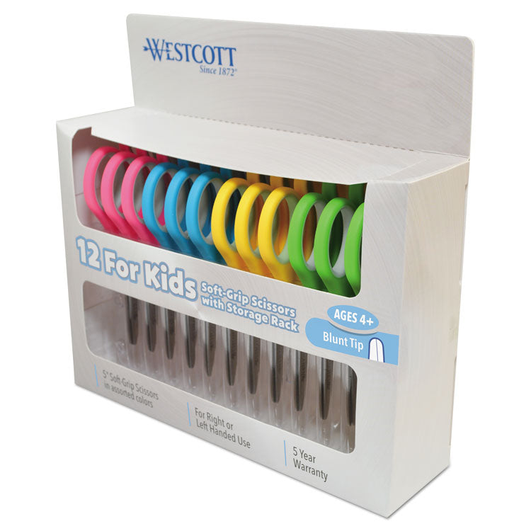 Soft Handle Kids Scissors, Rounded Tip, 5  Long, 1.75  Cut Length, Straight Assorted Color Handles, 12/Pack