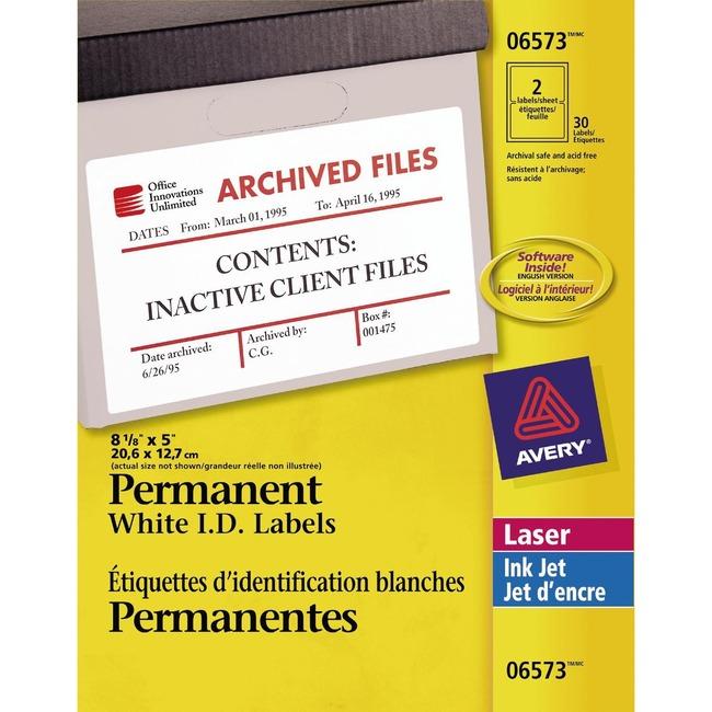 6573 I.D. LABELS 8 1/8" X 5" PERMANENT 15 SHEETS/ENV. 30