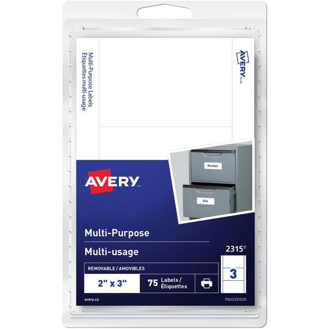 Avery Print or Write ID Label 2" x 3" Removable, White, 75 / pkg
