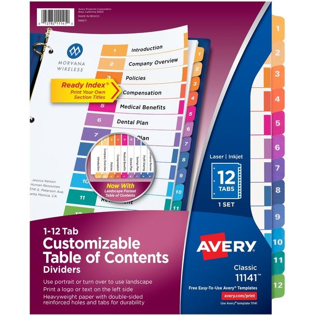 Avery® Ready Index 12 Tab Dividers, Customizable TOC, 1 Set (11141) (AVE11141)