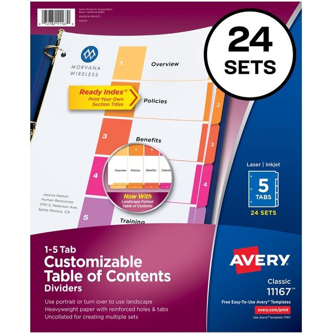 Avery® Ready Index 5 Tab Dividers, Customizable TOC, 24 Sets (11167) (AVE11167)