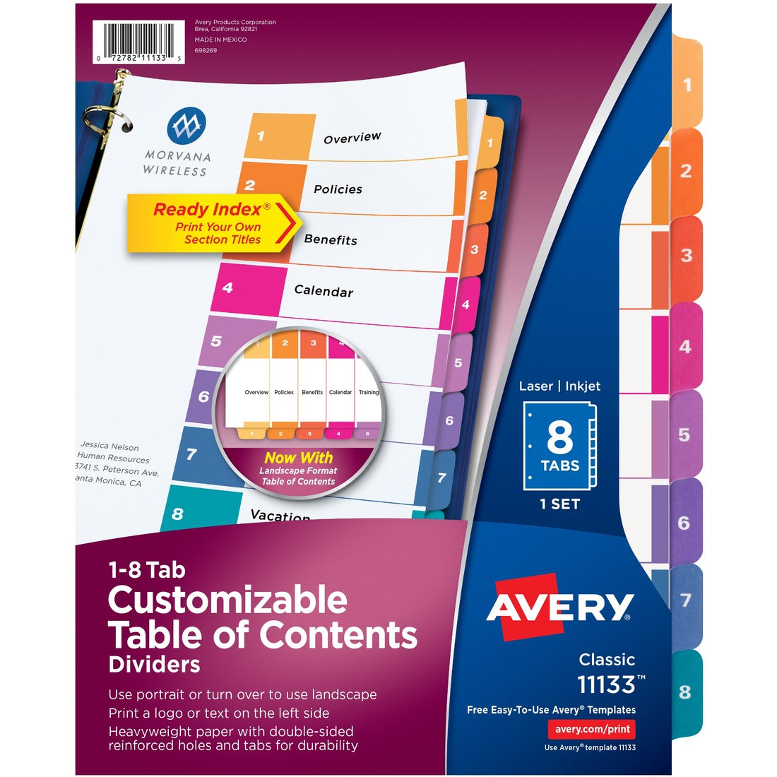 Avery® Ready Index 8 Tab Dividers, Customizable TOC, 1 Set (11133)