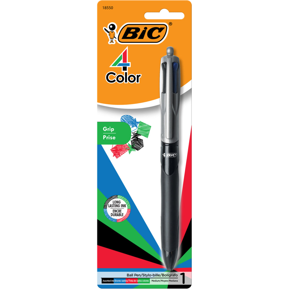 BIC 4-Colour Grip Ballpoint Pen - Retractable - 1.0 mm - Blue, Red, Green, Black - 1 each