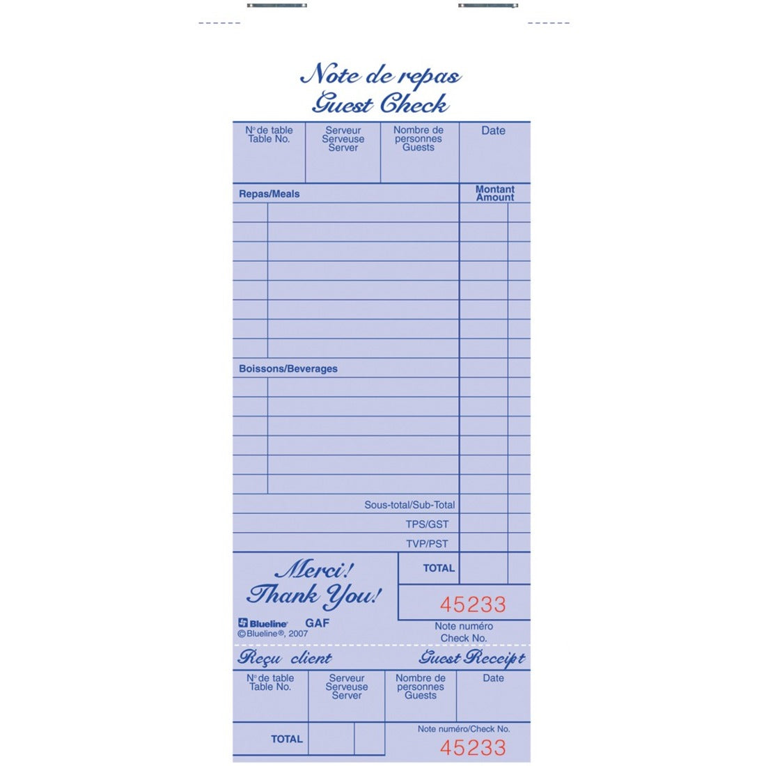Blueline Guest Checks, Bilingual