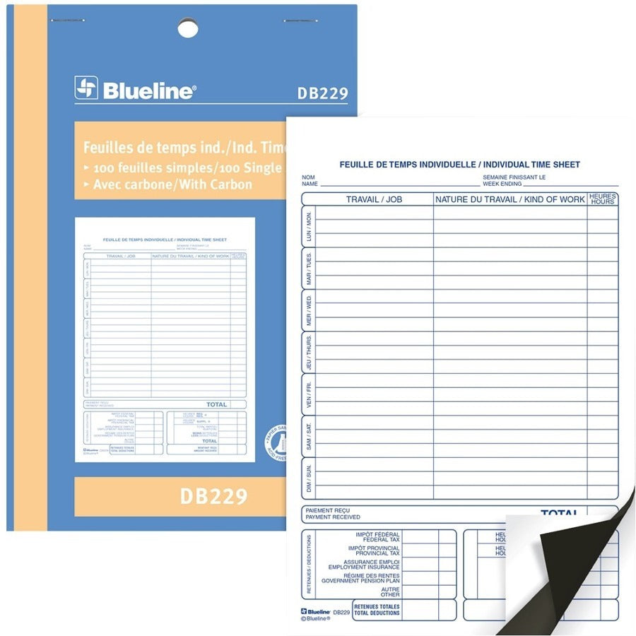Blueline Individual Time Sheets - 100 Sheet(s) - Carbon Copy - 7.99" x 5.39" Form Size