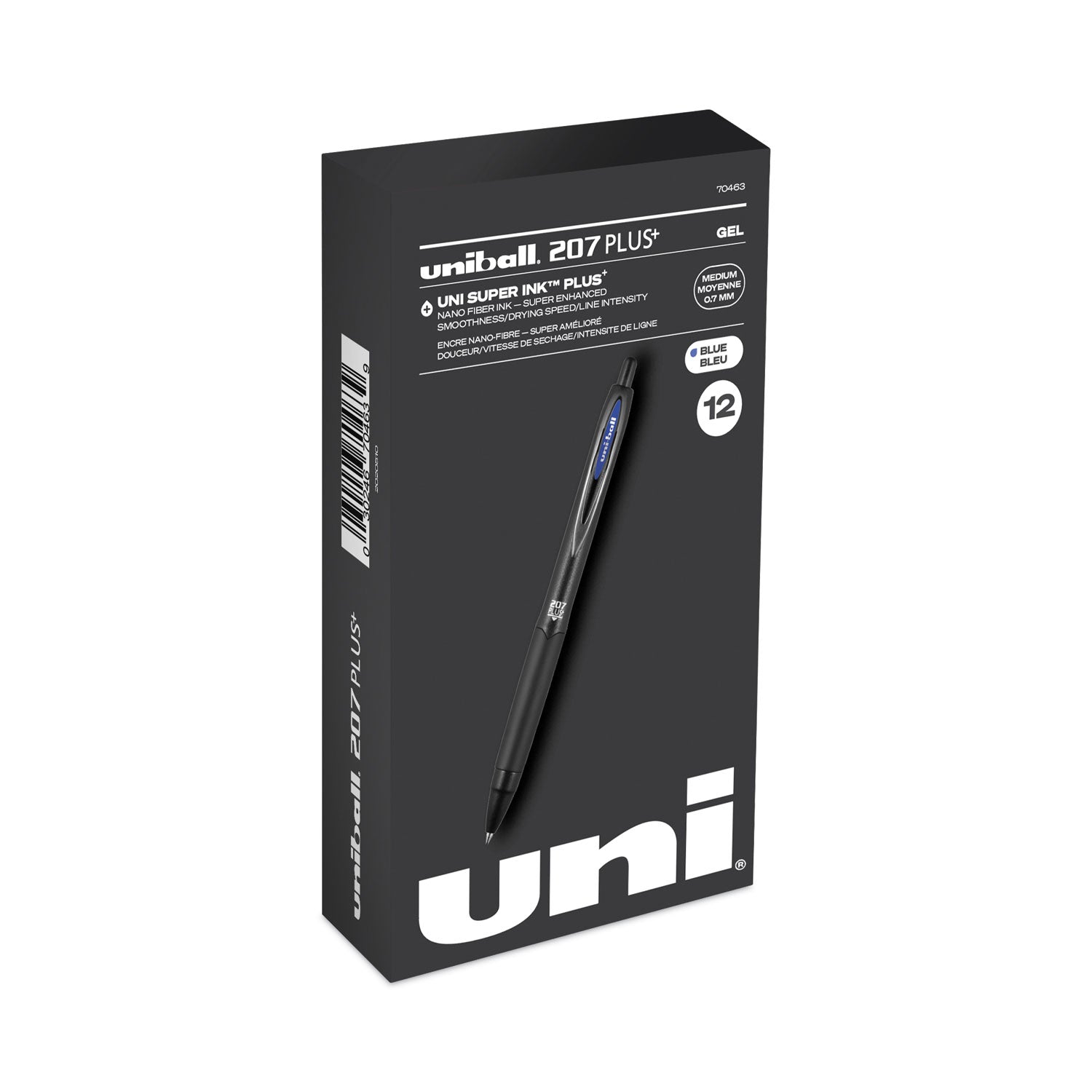 207 Plus  Gel Pen, Retractable, Medium 0.7 mm, Blue Ink, Black Barrel, Dozen