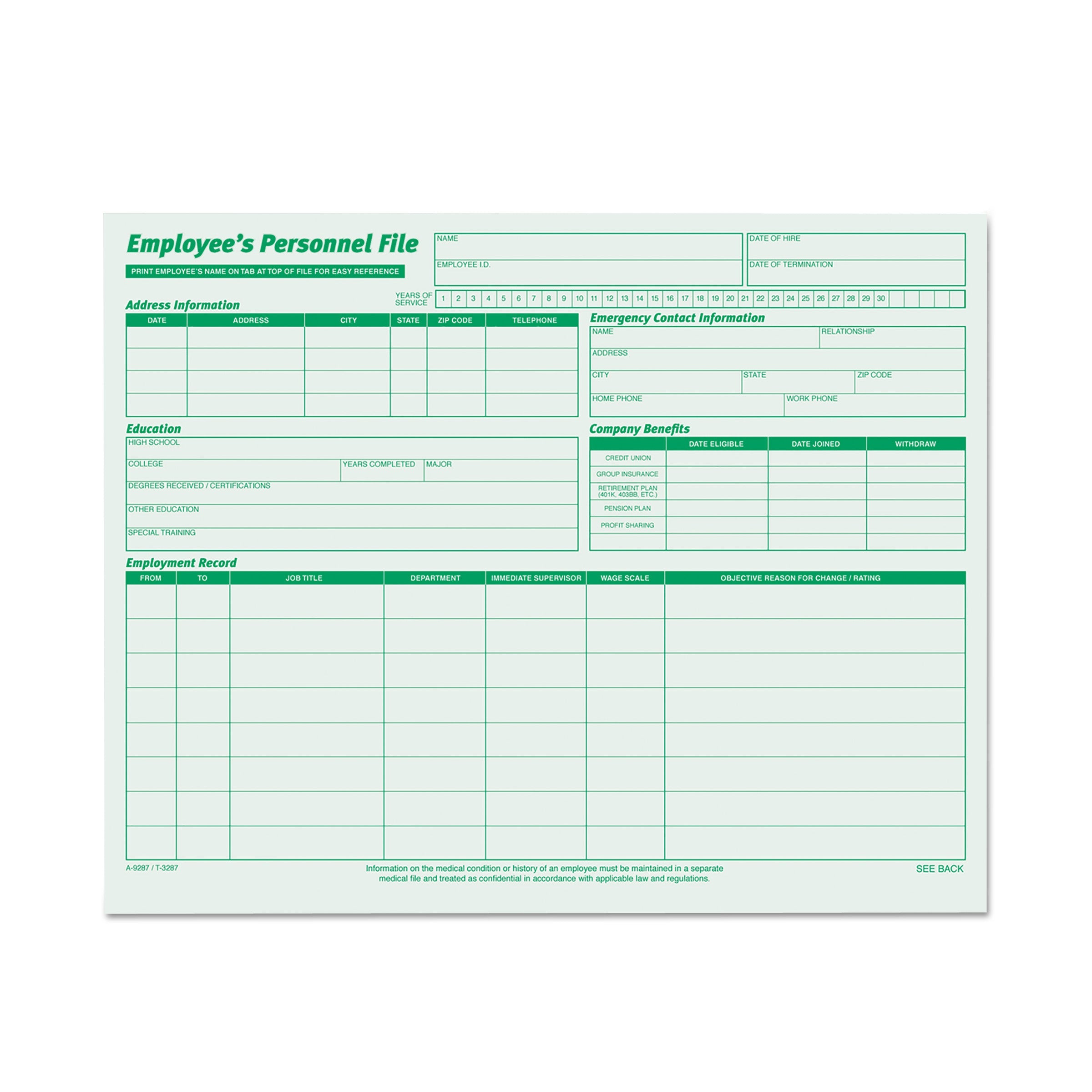 Employee's Record File Folder, Straight Tabs, Letter Size, Index Stock, Green, 20/Pack