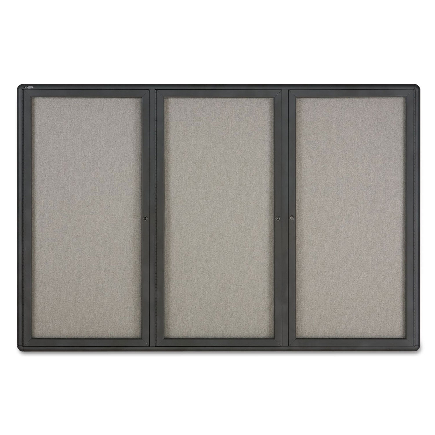 Enclosed Indoor Fabric Bulletin Board with Three Hinged Doors, 72 x 48, Gray Surface, Graphite Aluminum Frame