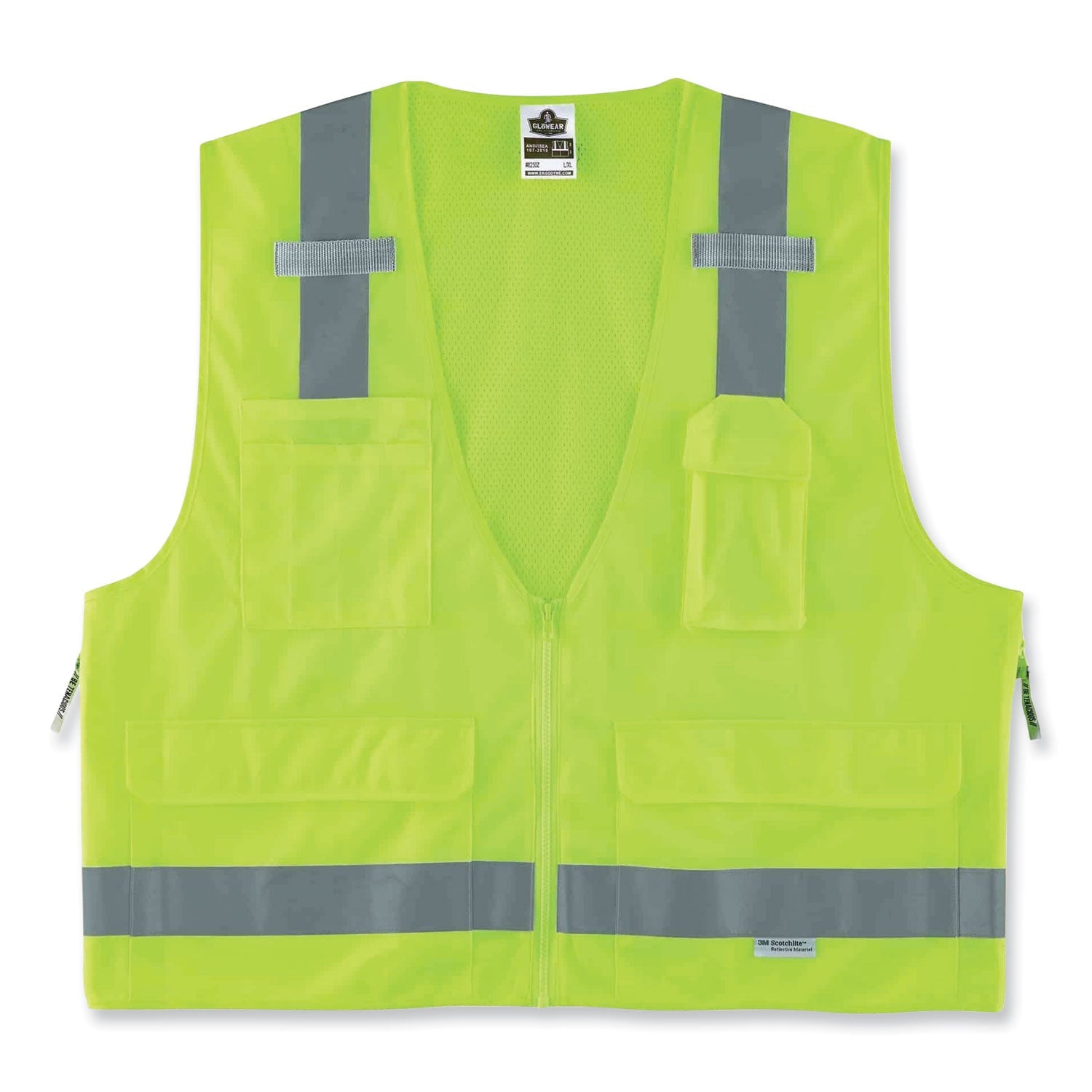 GloWear 8250Z Class 2 Surveyors Zipper Vest, Polyester, Large/X-Large, Lime