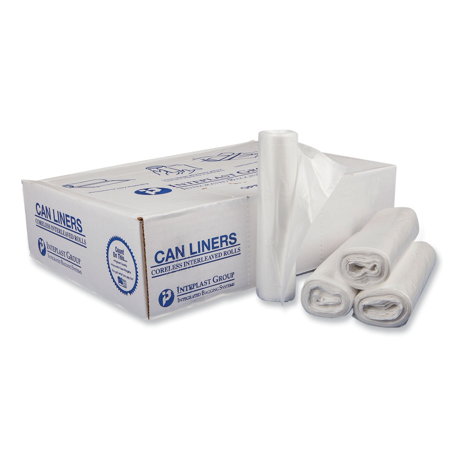 High-Density Commercial Can Liners, 30 gal, 16 mic, 30" x 37", Clear, Interleaved Roll, 25 Bags/Roll, 20 Rolls/Carton