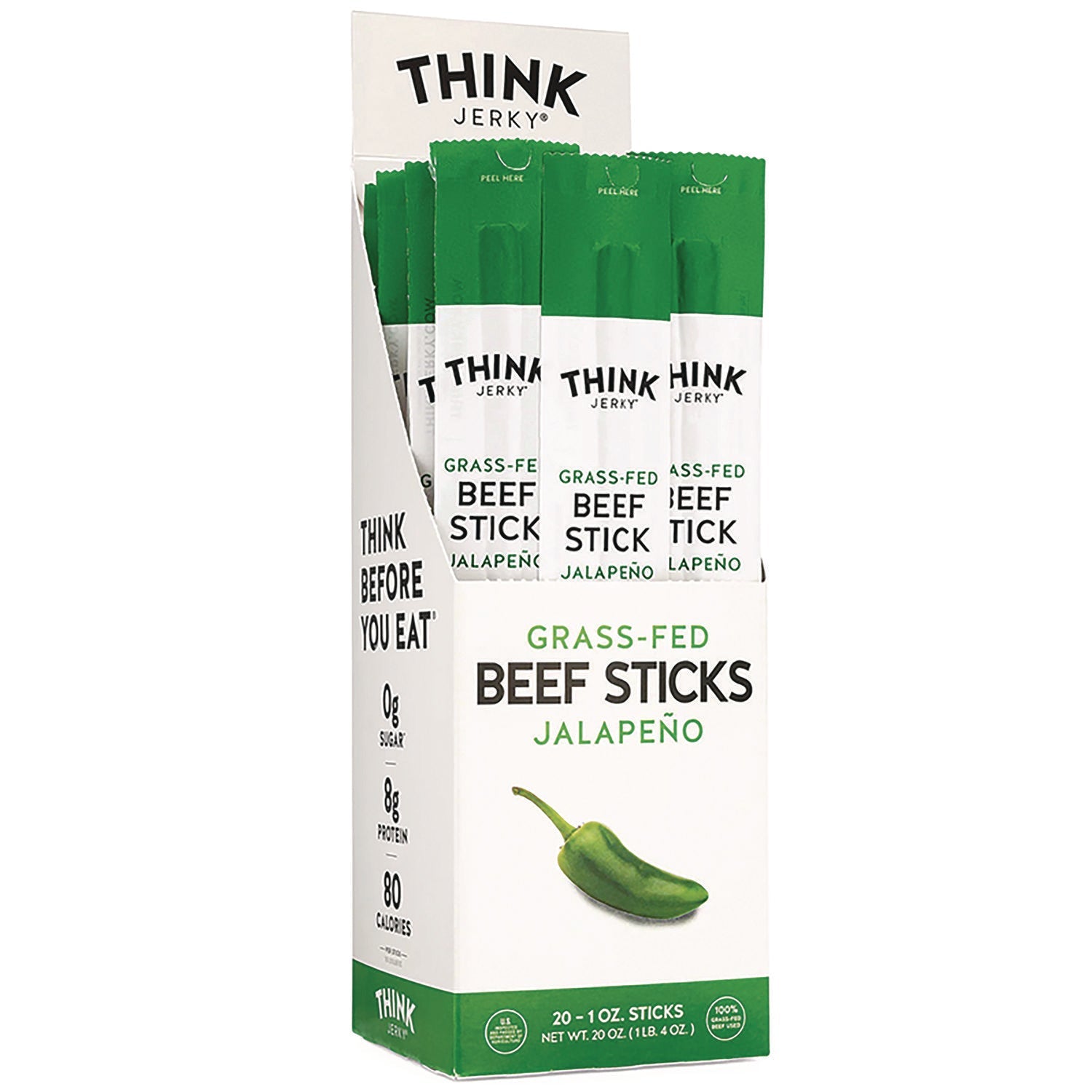 Jalapeno 100% Grass-Fed Beef Sticks, 1 oz Individually Wrapped Sticks, 20/Carton