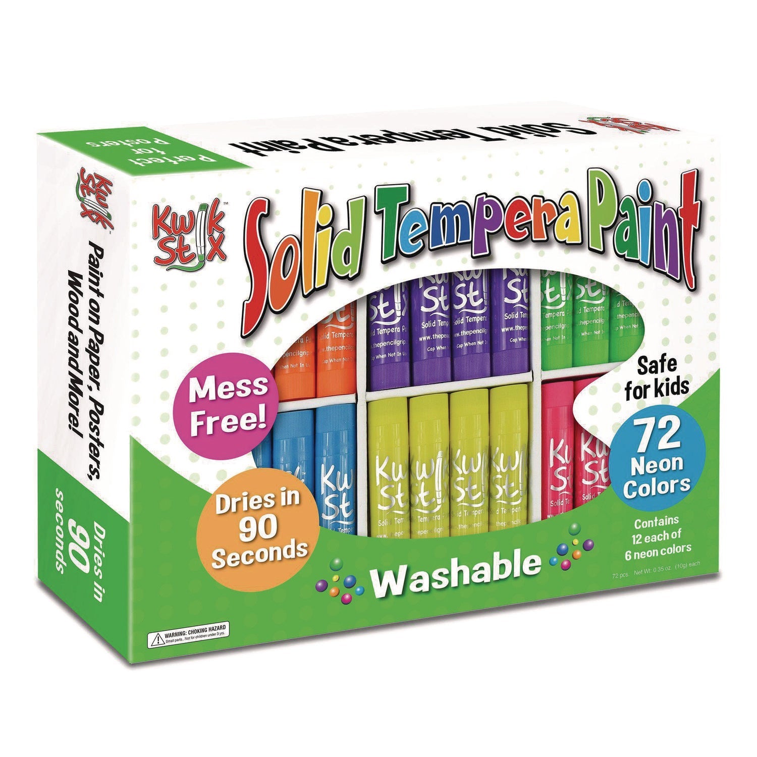 Kwik Stick Tempera Paint, 3.5", Assorted Neon Colors, 72/Pack, 3 Packs/Carton