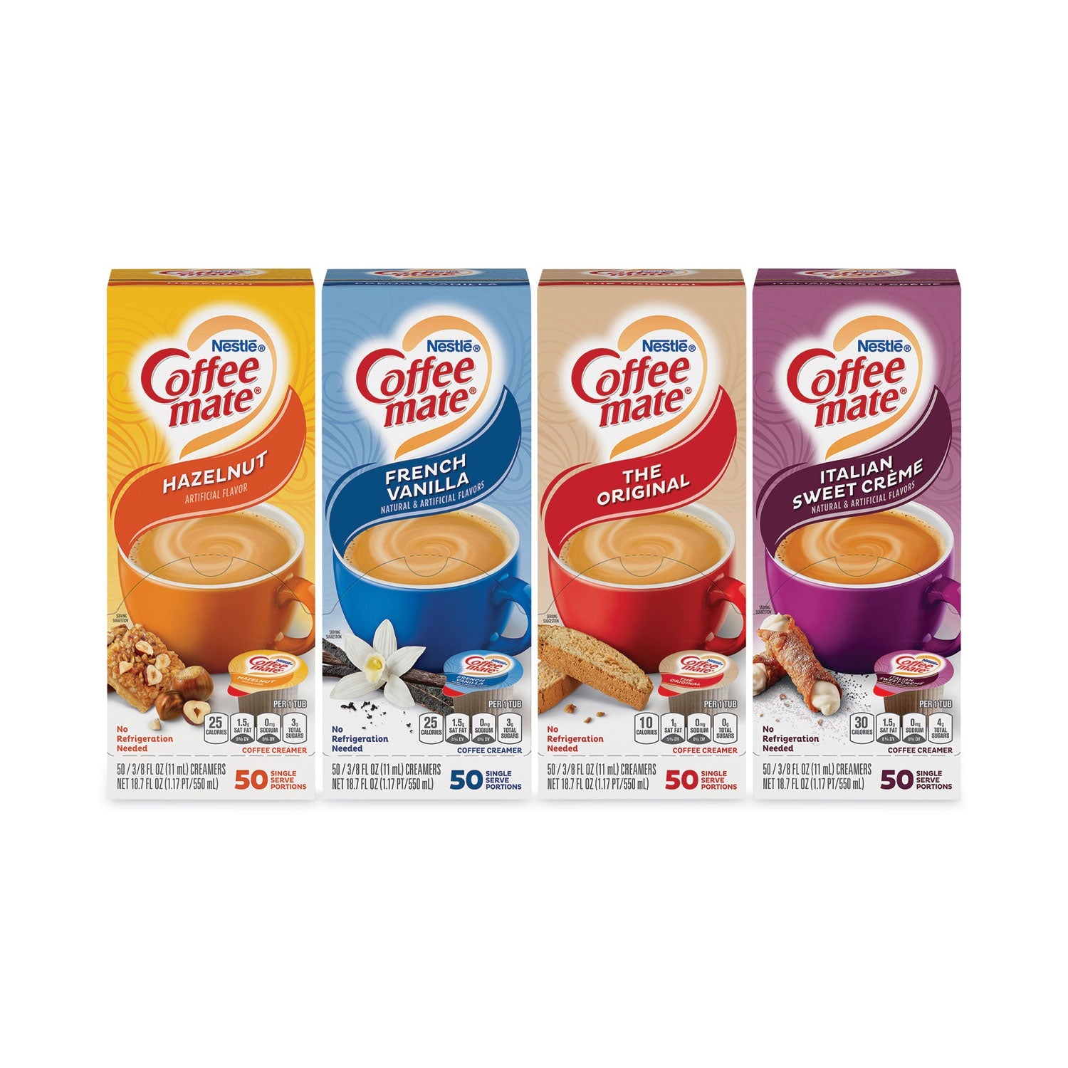 Liquid Coffee Creamer, French Vanilla/Hazelnut/Italian Sweet Creme/Original, 0.37 oz, 200/Carton