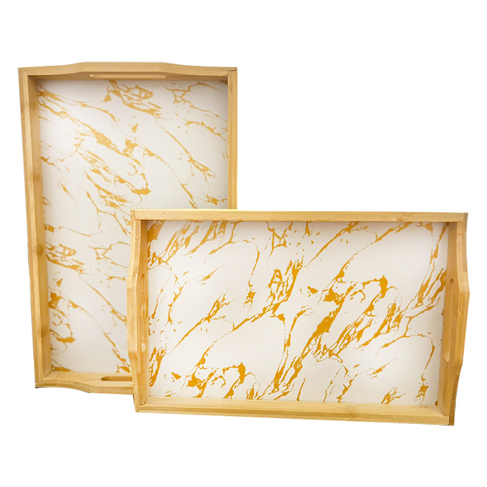 (NET) Bamboo Combination Tray Set with 4 Color Options, Set Of 2 Pieces / 004005Marble OffWhite & Gold