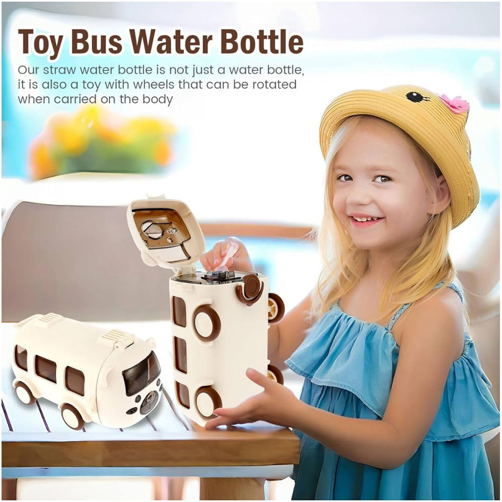 (NET) Bus Water Bottle For Kids With Strap, Sipper, & Straw 500 mlOff White