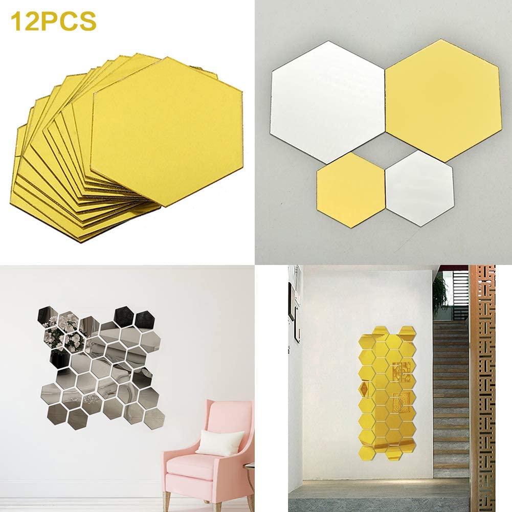(NET) Hexagon Mirror Wall Sticker Art Wall Decor Living Room Mirrored Decorative Sticker 12 PcsBlack