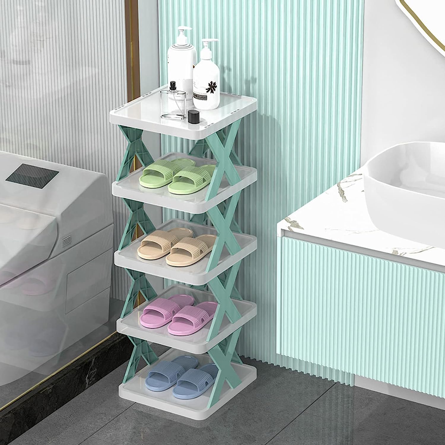 5 layer Stackable Shoe Storage Box Entryway Shelf Box Plastic Shoe Cabinet Space Saver / 23FK056-1green