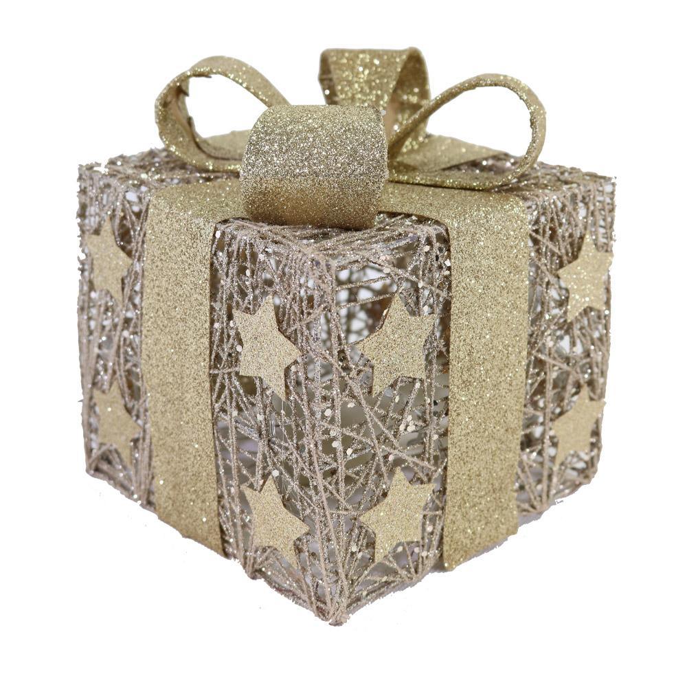 Christmas Gold Glittery Light Up Gift Box 15 cm (10 lamps) / R2501