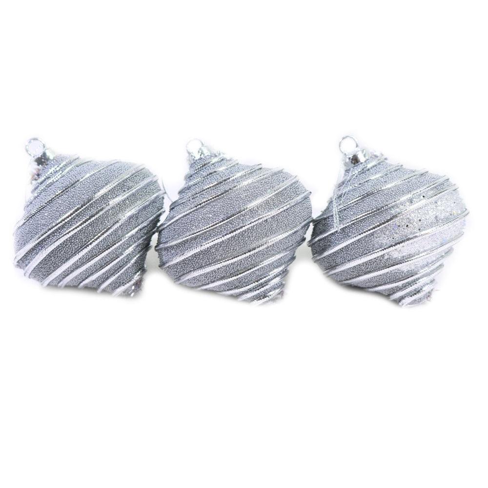 Christmas Oval Silver Striped Balls Tree Decoration Set (3 Pcs)