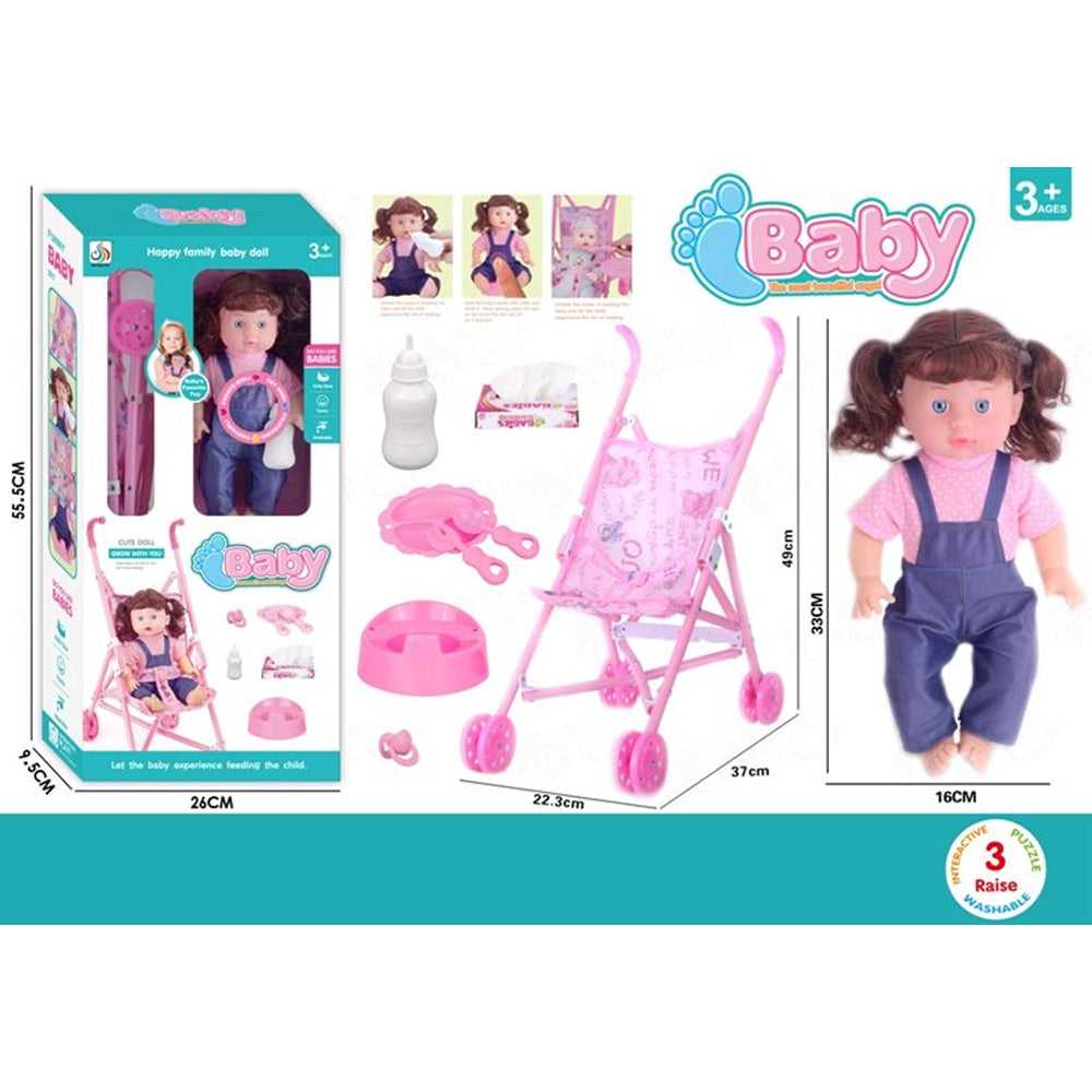 Foldable Baby Doll Stroller Set with Nursing Tools - Brown-Haired DollNavy Pink