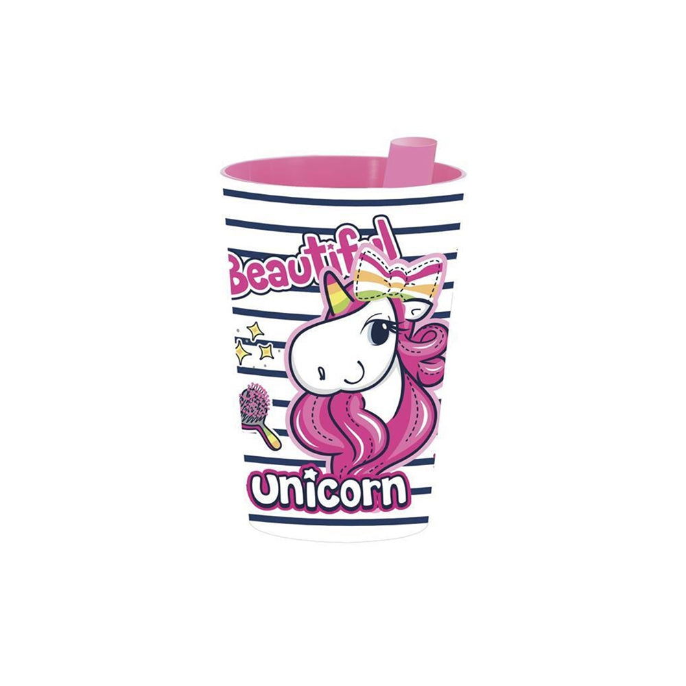 Herevin Patterned Plastic Cup With Straw 340 ml Beautiful Unicorn (Net)