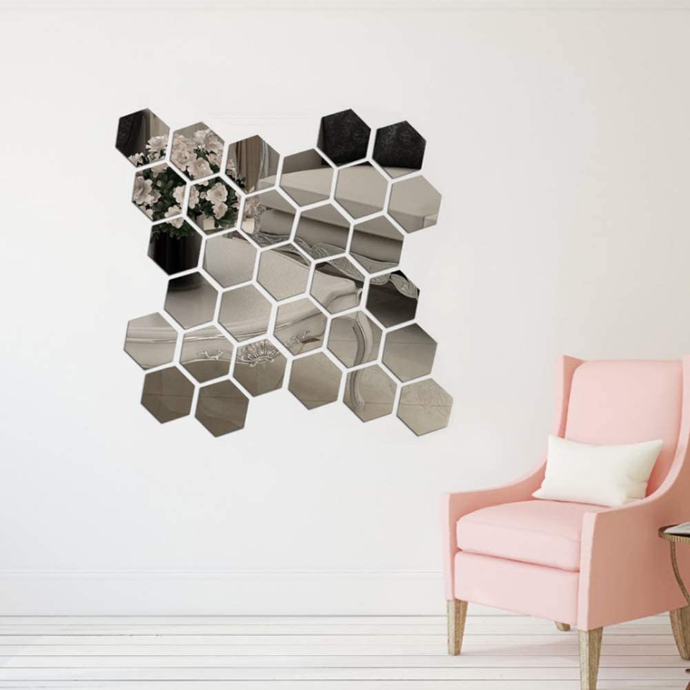 Hexagon Mirror Wall Sticker Art Wall Decor Living Room Mirrored Decorative Sticker 12 PcsBlack