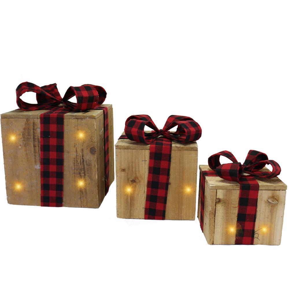 Light Wood Christmas Gift Boxes Set LED ( 3Pcs) /  Z18-139-2